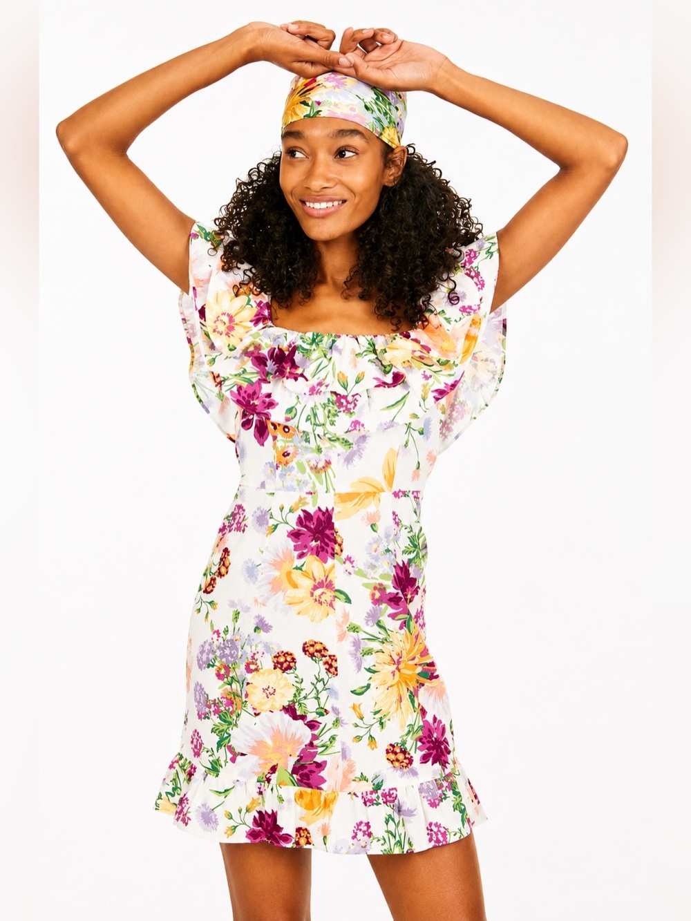 H&M FLOUNCED Off the Shoulder Mini DRESS Stylish Floral Mini Dress with Ruffles - Picture 4 of 10